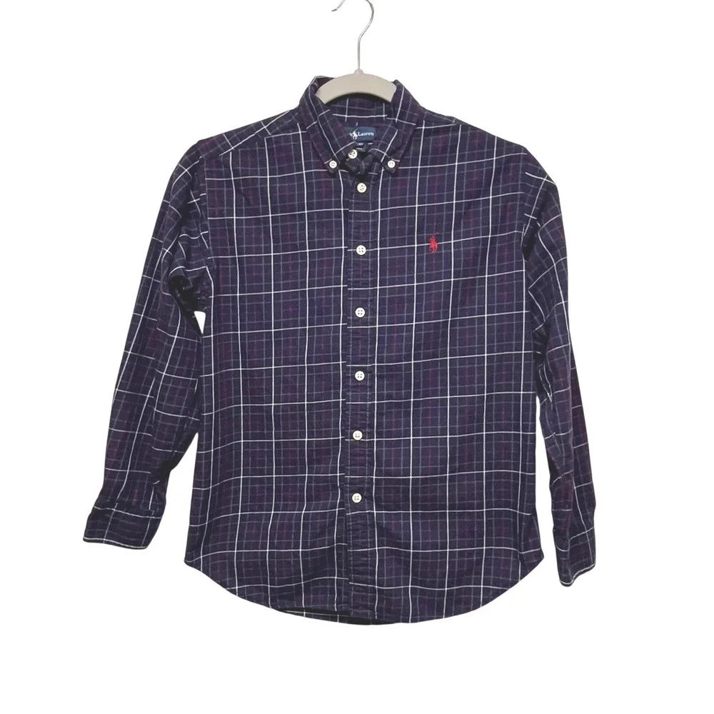 Ralph Lauren Boys Navy Plaid Long Sleeve Button Down Shirt Size M 10-12